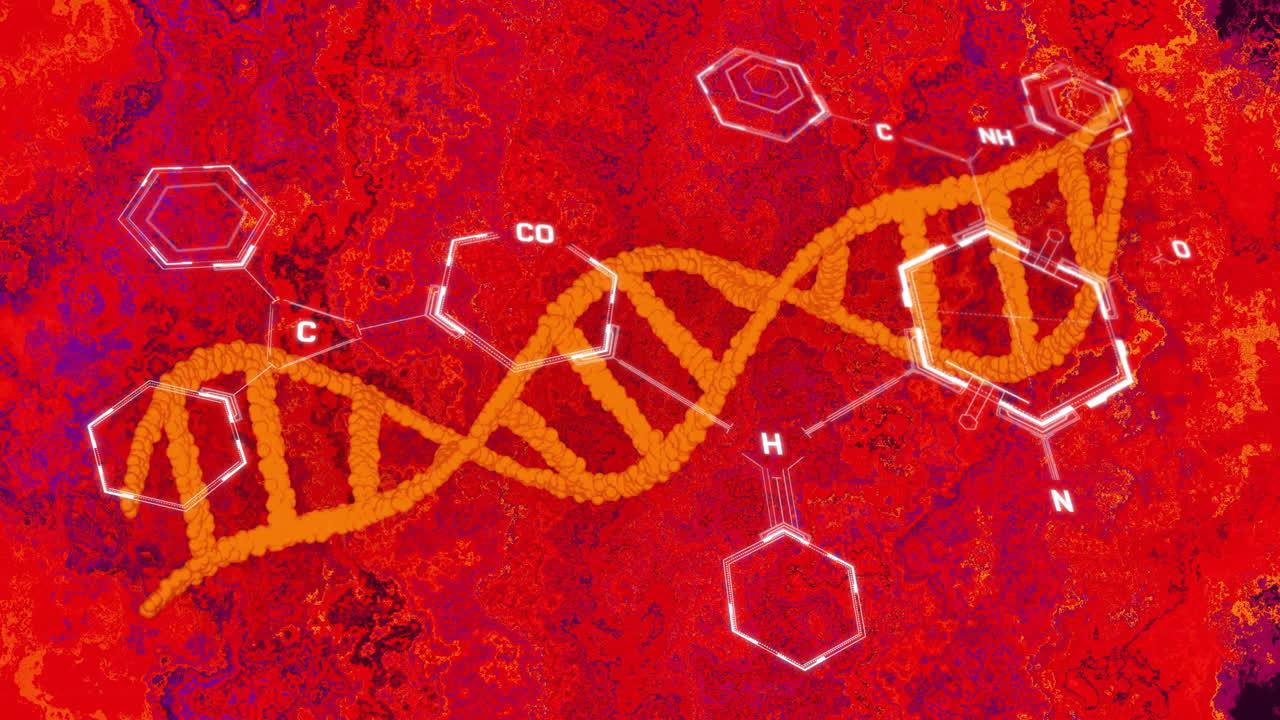 은 배경에 화학 공식과 dna 가닥의 애니메이션