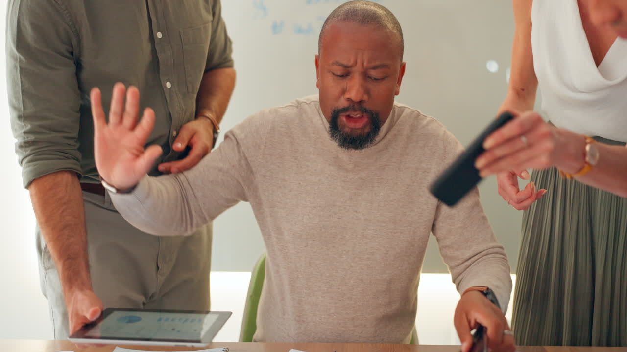 Stress, overwhelmed and multitasking businessman