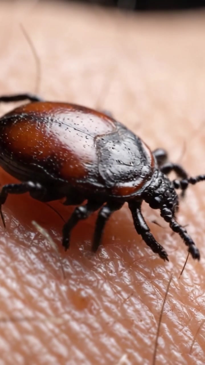 Close-Up of a Tick on Human Skin: A Detailed Look at the Parasitic Arachnid Engaging with Its Host, Capturing Nature's Intricate Interactions