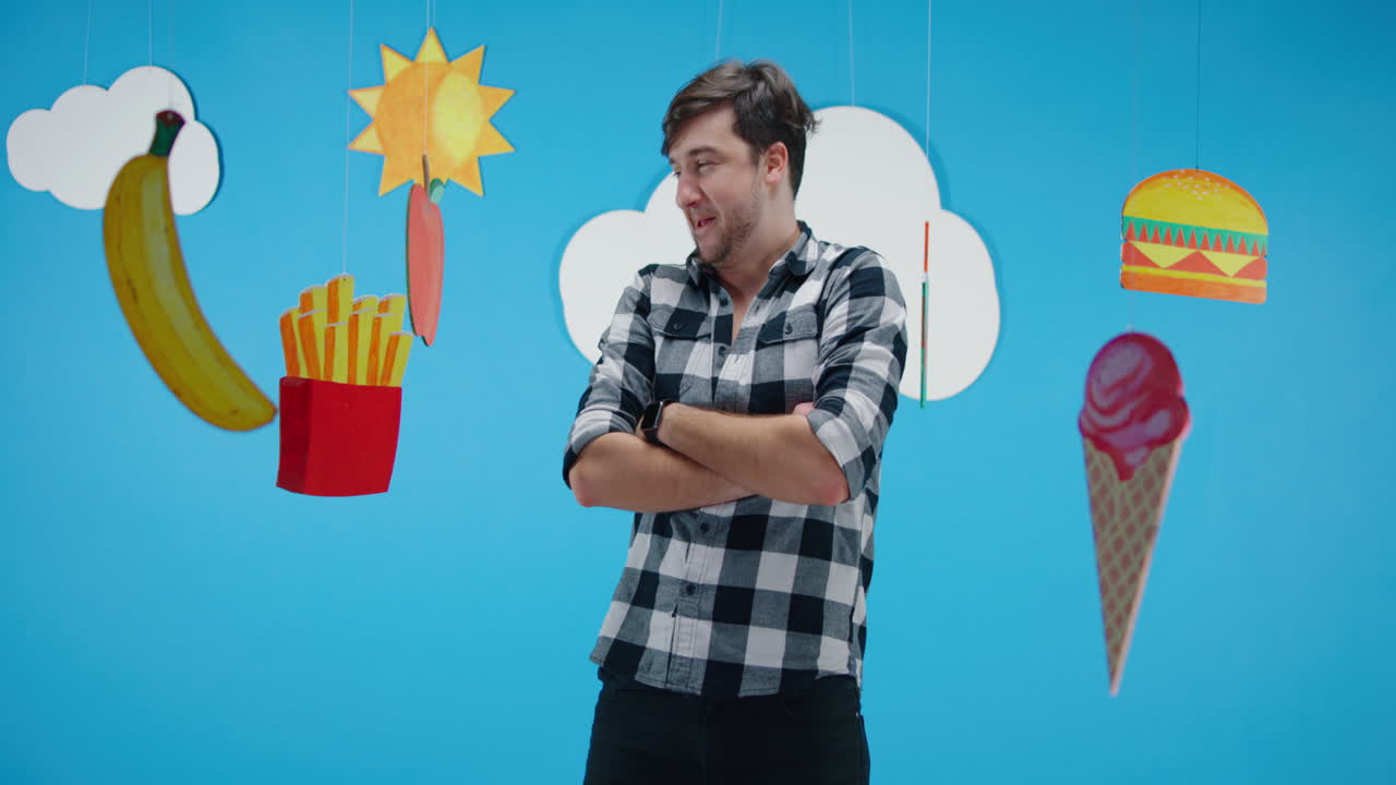 Man facing healthy and unhealthy food options