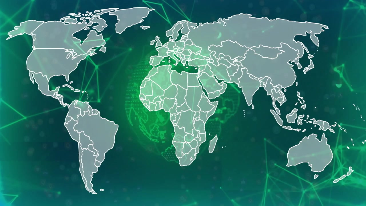 On start continent outlines fading in over rotating green dotted sphere, visualizing global network