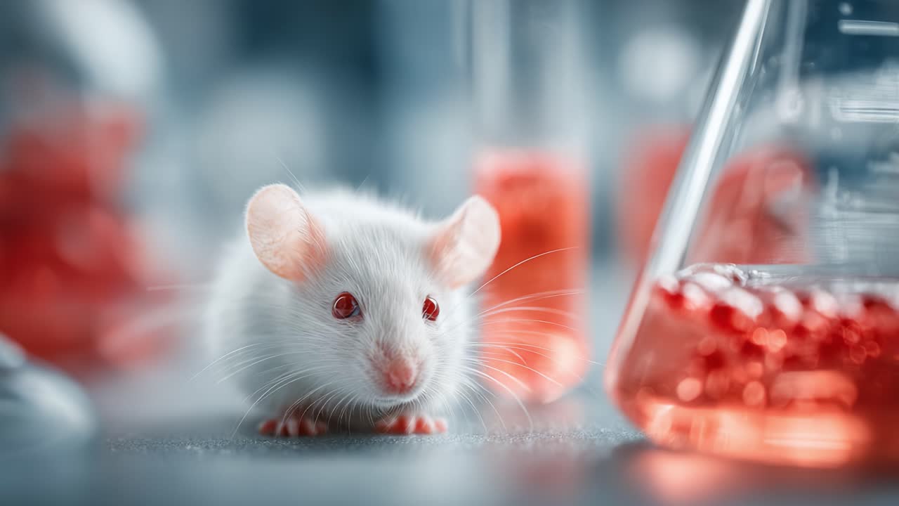 A Focused Laboratory Environment Featuring a White Mouse Surrounded by Glassware Filled with Vivid Red Solutions, Capturing the Essence of Scientific Research and Experimentation