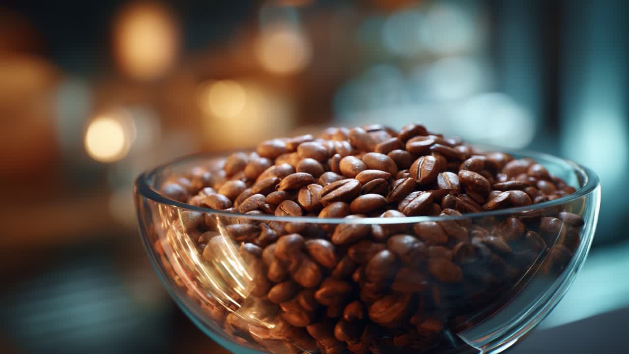 Nærbillede af en skål fyldt med blanke, ristede kaffebønner mod en blød, sløret baggrund, der fremhæver deres rige farve og tekstur