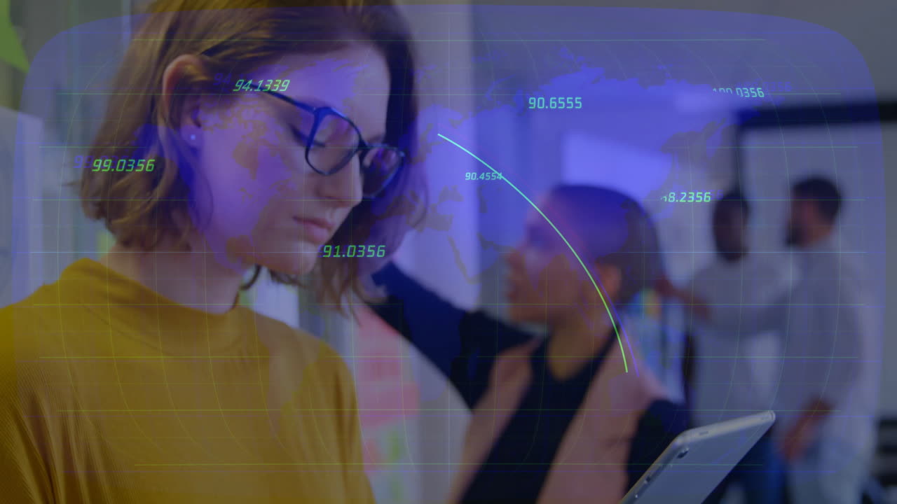 Using tablet with global data animation, woman engaging in technology exploration