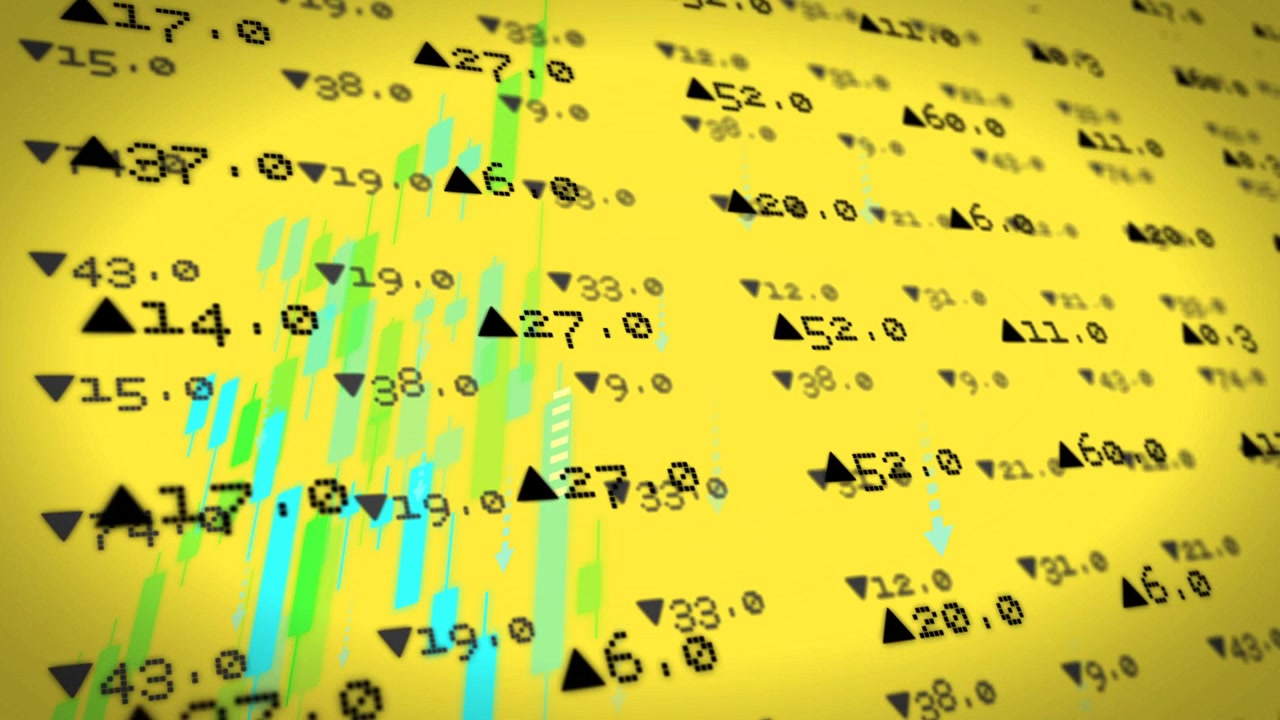 Su una griglia numerica a impulsi di dati, barre ciano-verdi salgono e si spostano per mostrare le tendenze di mercato.