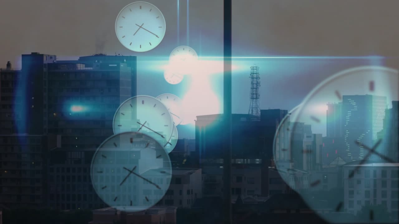 Bright horizon flare starting faint analog clocks appearing over skyline drifting to show time flow
