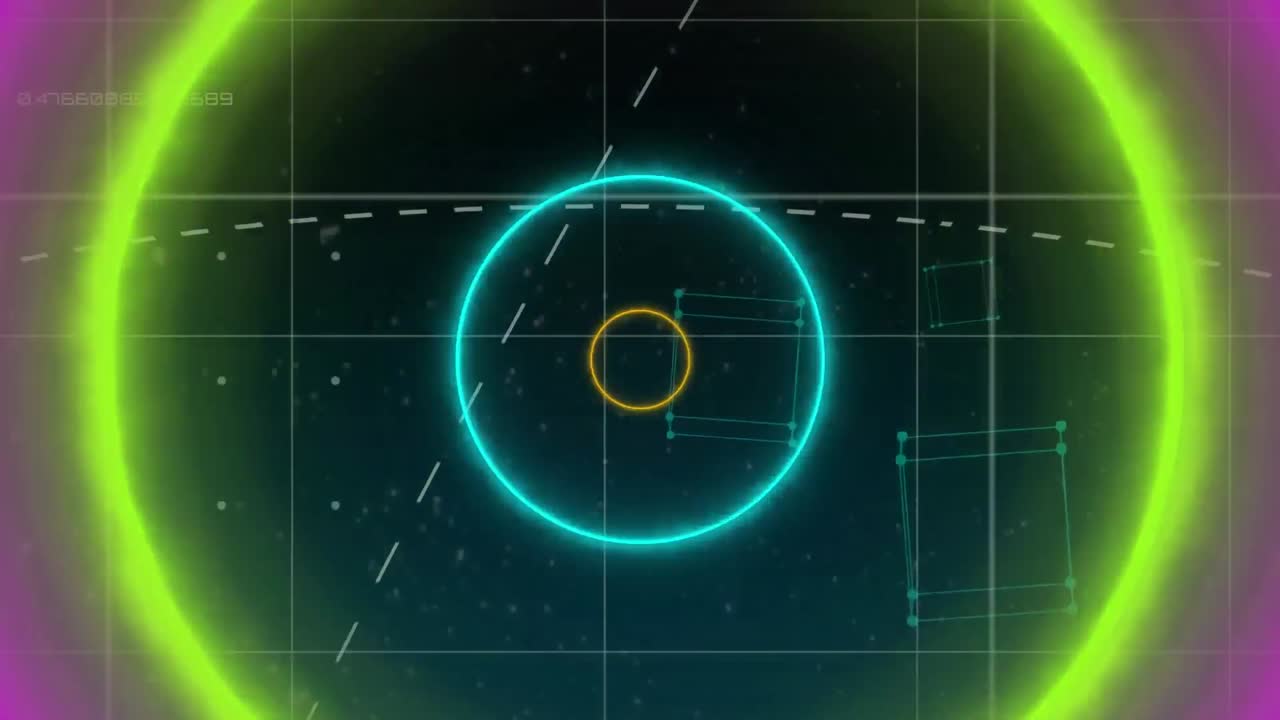 파란색 배경에 대한 원형 스캐너와 네온 원형 모양의 무 ⁇  패턴의 애니메이션