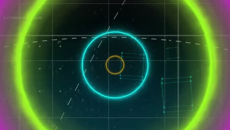 animación de escáneres redondos y formas circulares de neón en un patrón sin costuras contra un fondo azul