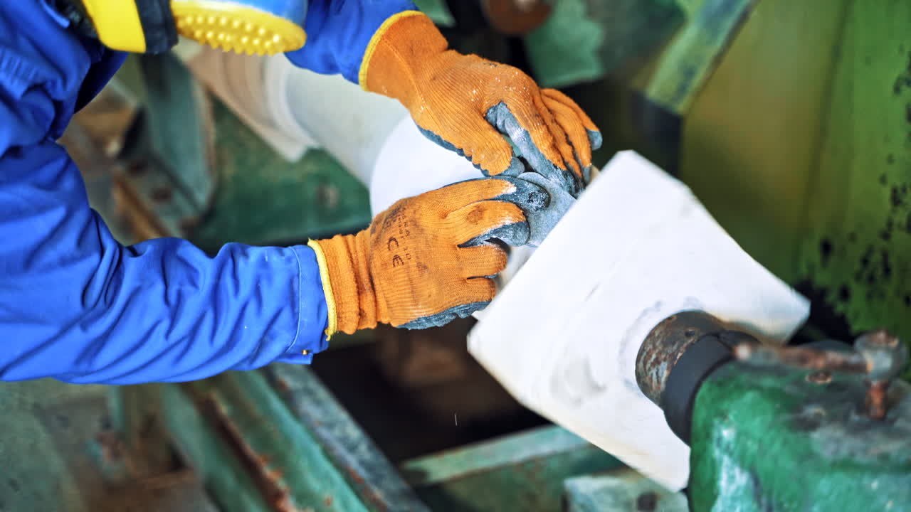 Man's hands in protective gloves polishing stone by grinder. Industrial tool is grinding rock in the factory. Hard work. Close-up.