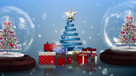 Animation-of-snow-falling-over-two-snow-globes-and-christmas-tree-with-presents-on-blue-background