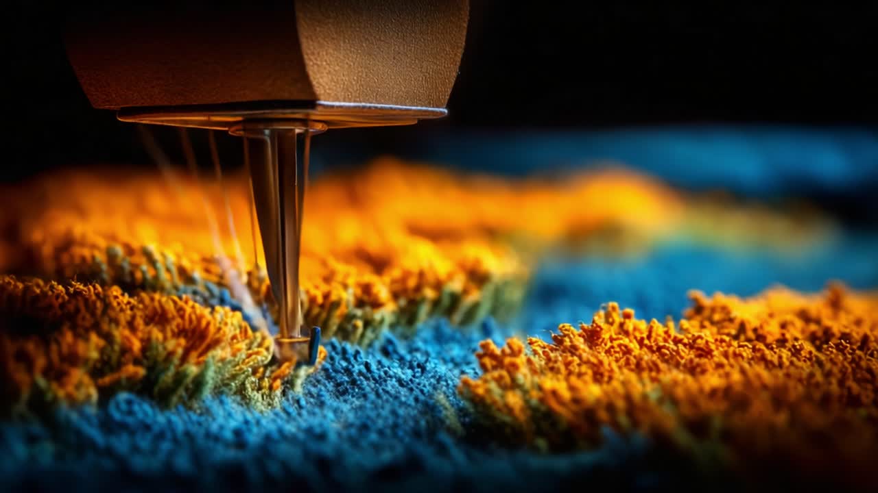 Intricate Threading Technique Captured in Close-Up: A Needle Precisionally Working Through Vibrant, Textured Fabric in a Stunning Textile Art Process