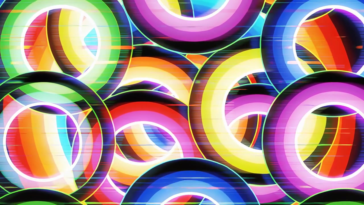 Starting sequence moving neon rings, pulsing and scaling in abstract frame, showing depth, scanline