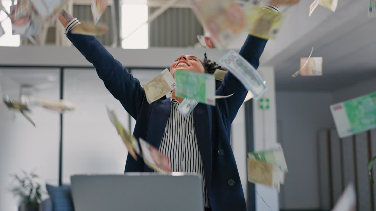 Money rain, winner and black woman on laptop