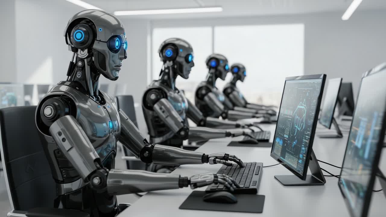 A Group of Advanced Robots Engaged in Data Processing at Computer Workstations in a Modern, High-Tech Office Environment