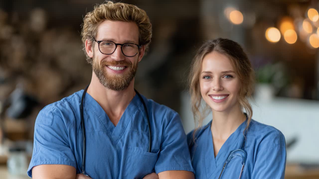 Cheerful Healthcare Professionals in Blue Scrubs Showcase Compassion and Collaboration in a Modern Medical Environment