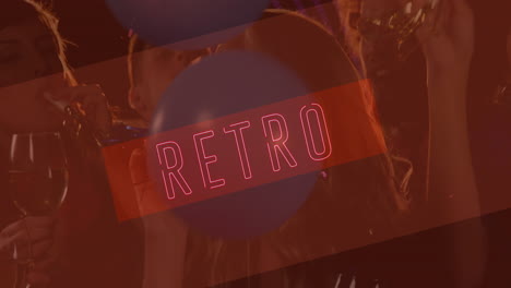 animazione di testo retro al neon in rosso su amici sorridenti alla festa