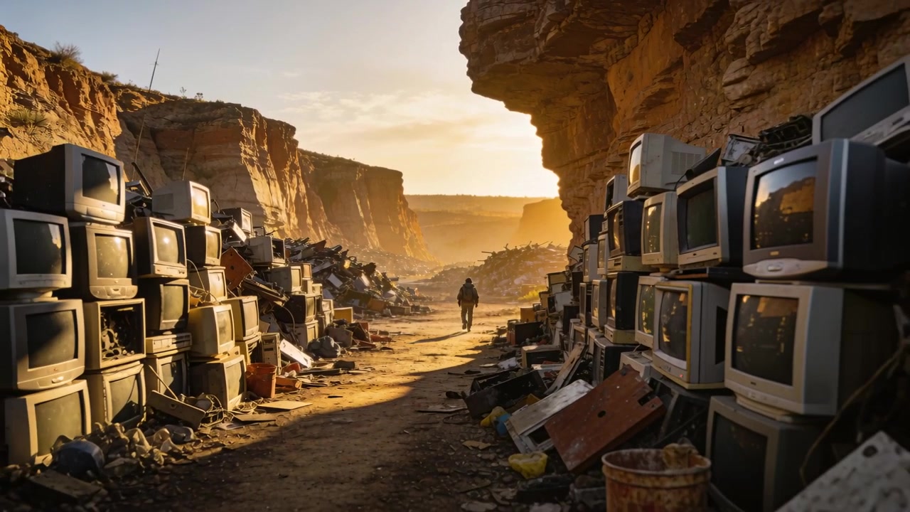 Walking man with jacket and backpack following low sun through canyon lined with CRT TVs