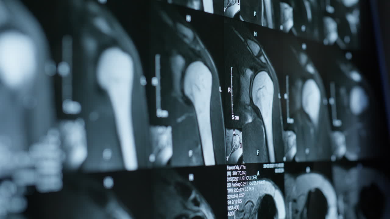 Immagini a raggi X di ossa umane in esposizione, primo piano. Competenza professionale in radiografia