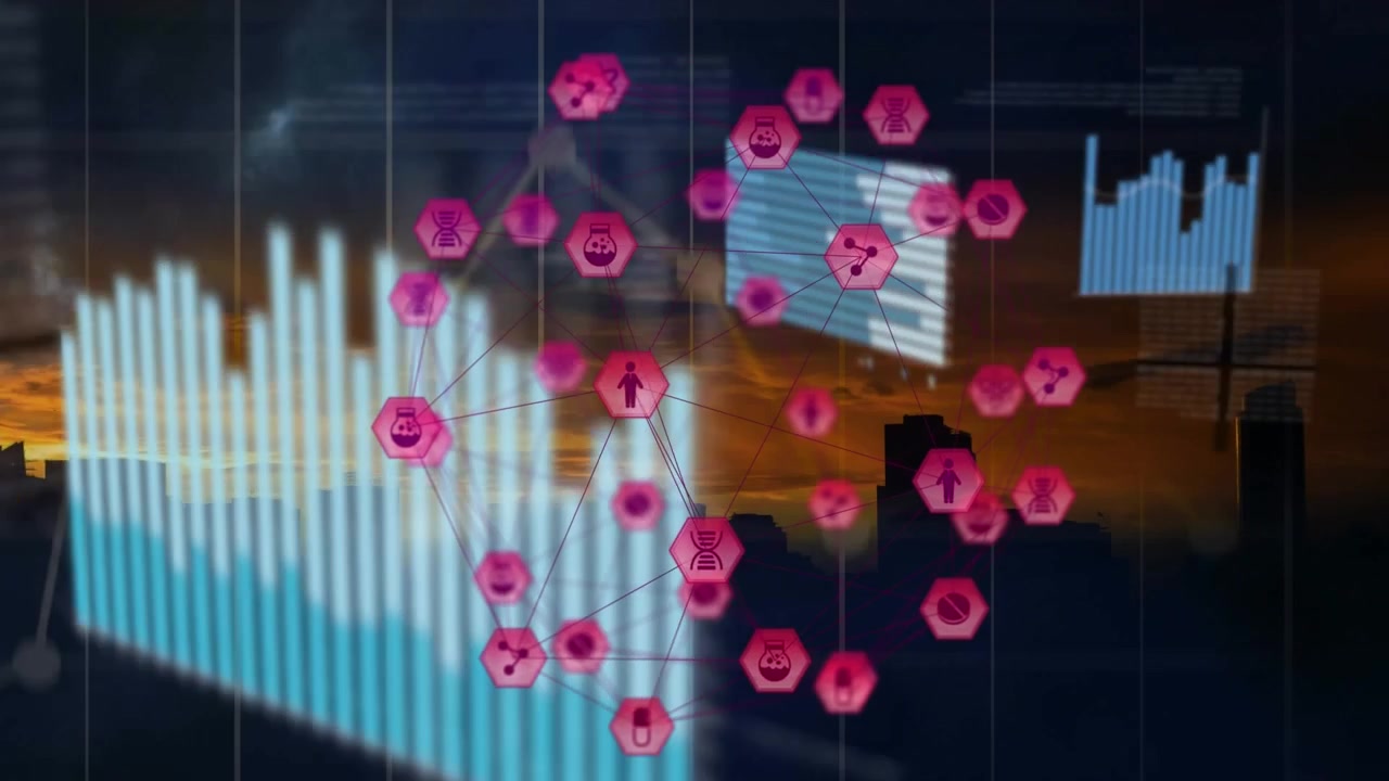 Animasjon av finansiell databehandling med ikoner over bylandskap
