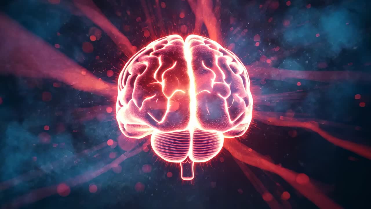 Starting 3D brain model rotating in space, showing brain activity with red streams and particles