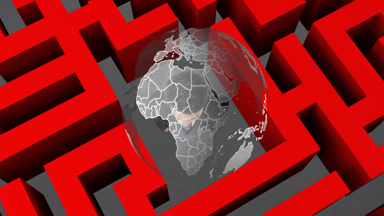 animación del globo sobre el hombre de negocios caucásico en el laberinto
