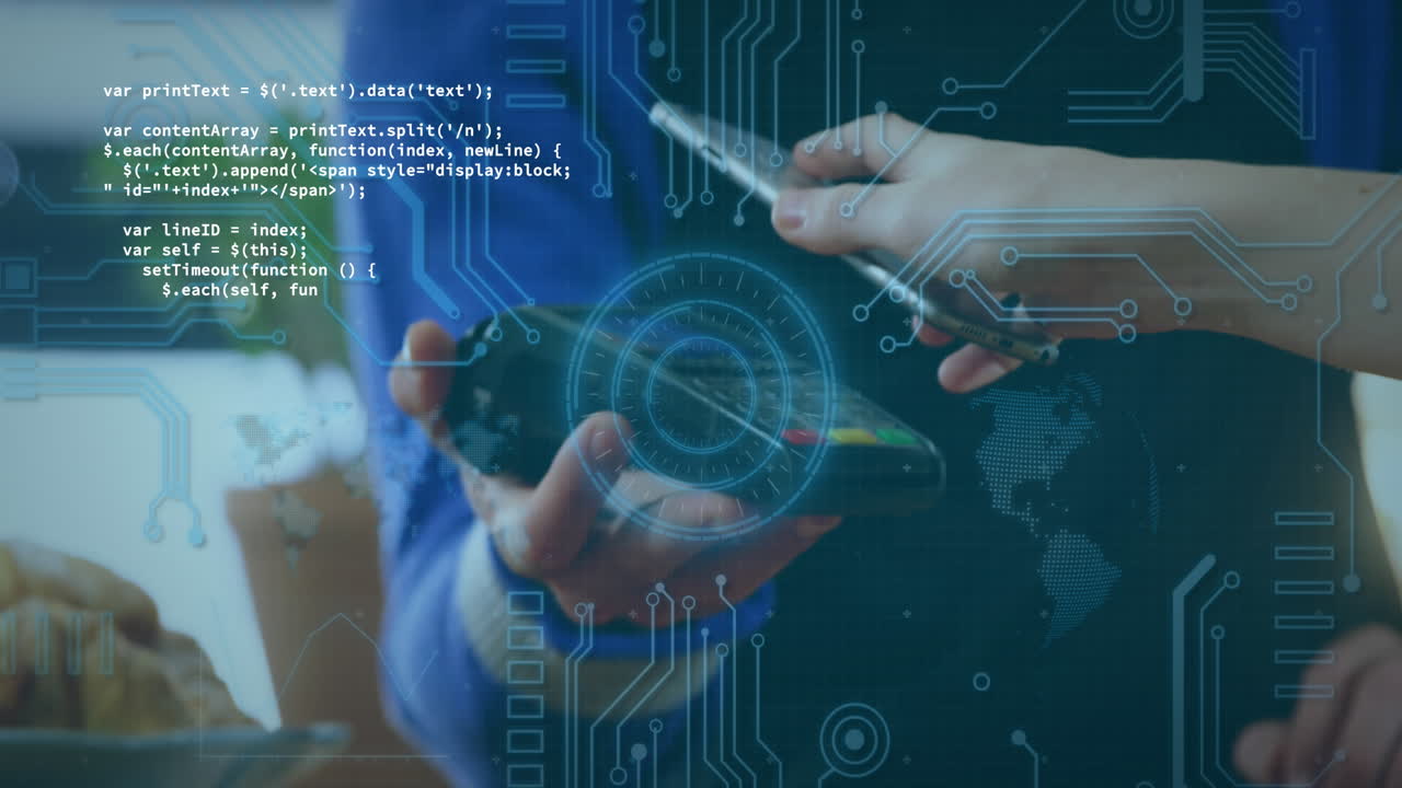 데이터 처리의 애니메이션, 스마트폰으로 지불하는 여성에 대한 스 ⁇  스캐닝