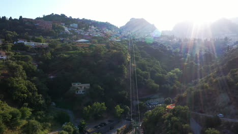 bird's eye view on a long cable way leading to the top of the mountain