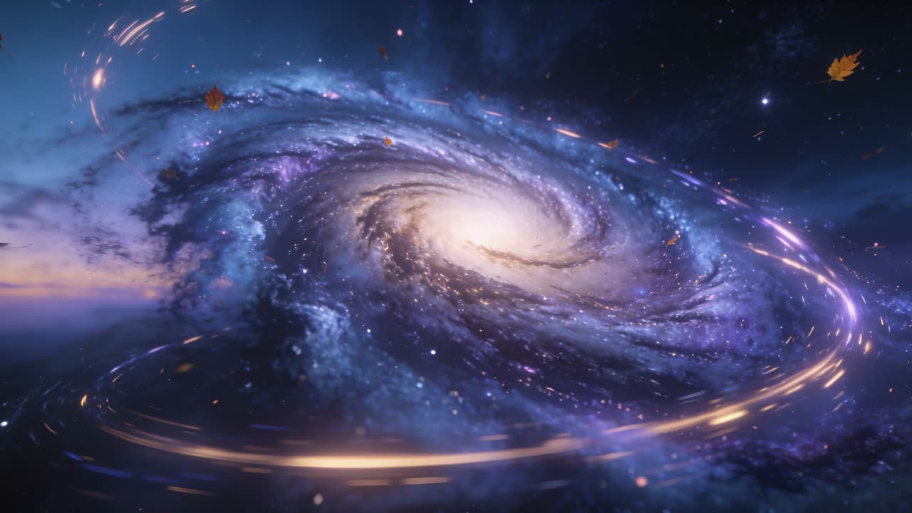 Sağ üstten yükselen ve saat yönünde yay çizen altın bir yay, spiral bir galaksinin yörüngede dönmesine neden oluyor, halka şeklinde bir parıltı oluşturuyor.