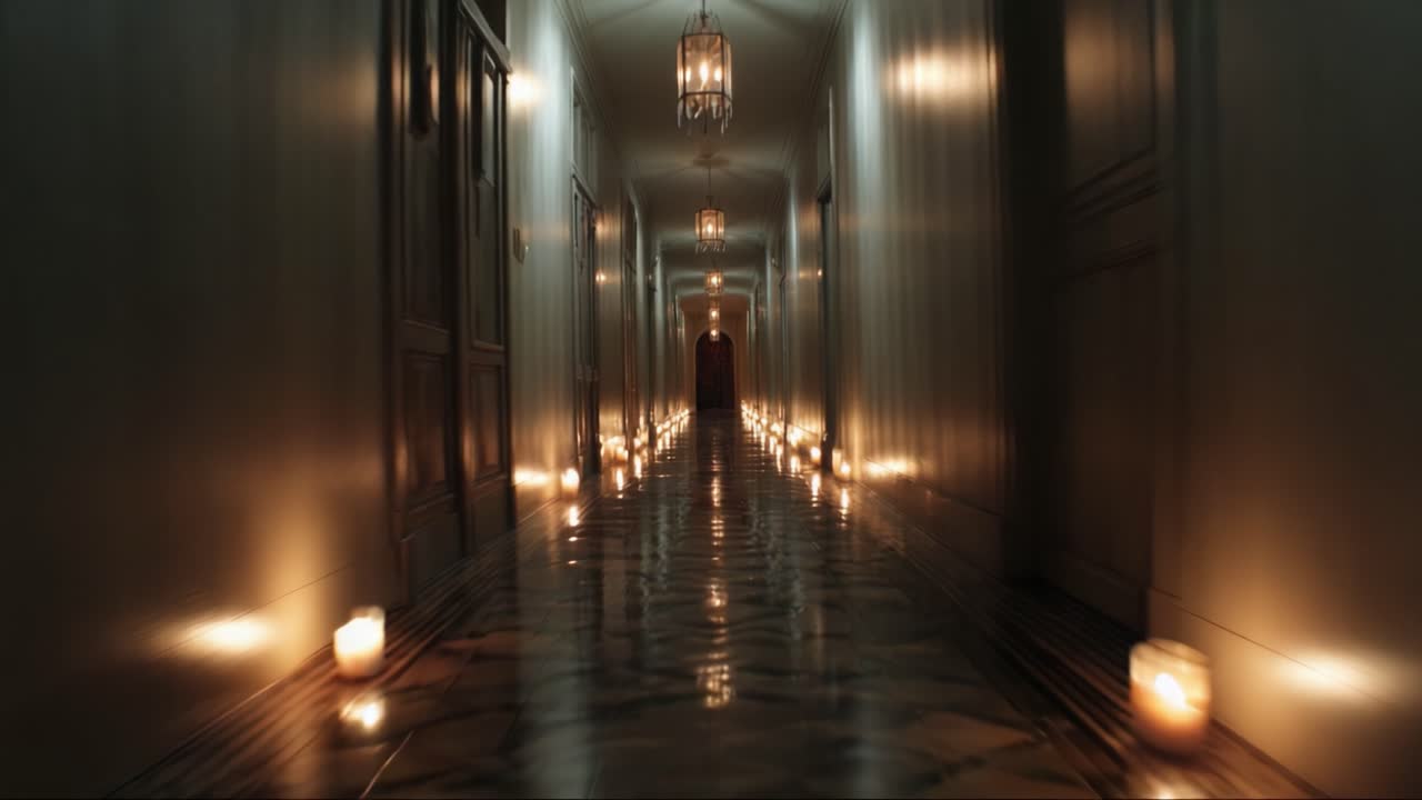 An Eerie Journey Through a Dimly Lit Hallway Illuminated by Flickering Candles and Enigmatic Shadows, Highlighting the Intrigue of the Unknown
