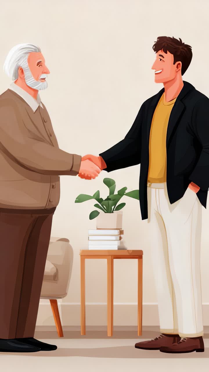 Un incontro toccante: due generazioni si incontrano con una calorosa stretta di mano e una piacevole conversazione in un accogliente ambiente interno con piante.