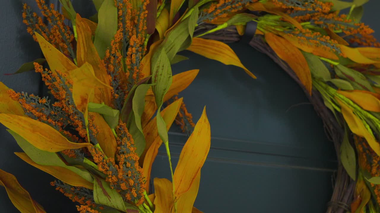 A beautiful decorative Autumn Wreath in close up, parallax motion around