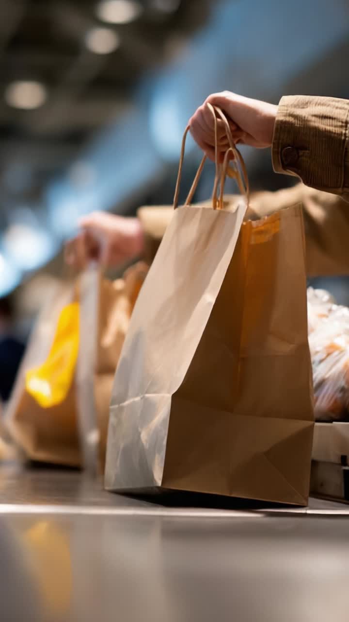 A busy shopping scene showcasing hands holding paper bags filled with groceries, highlighting the everyday experience of purchasing items in a vibrant environment