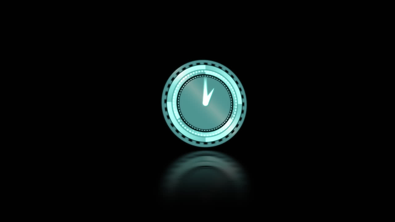 Animation of clock with turning hands and blue smoke explosion, on black background