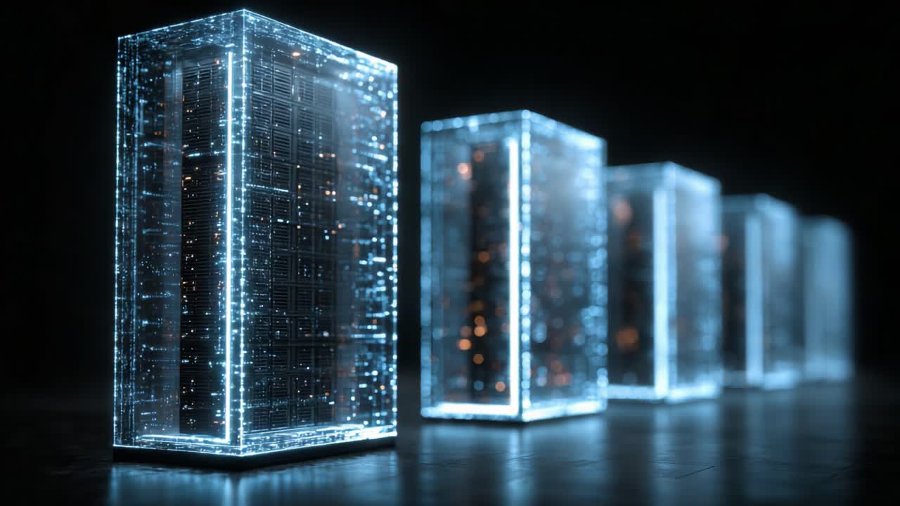 Illuminated Futuristic Data Storage Units Displaying High-Tech Hardware and Transparent Design with Soft Glow, Reflecting Innovation in Computing Technology