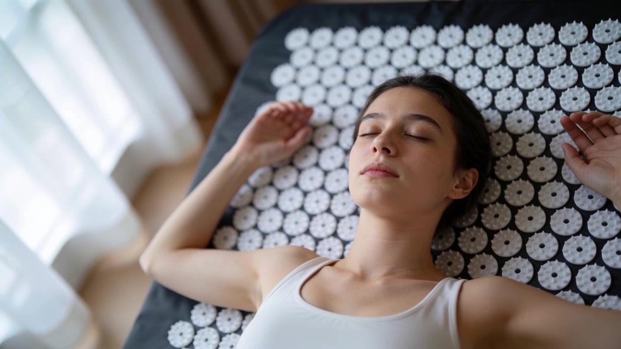 Pencere kenarında, beyaz atletli, dairesel sivri uçlu akupresür matında dinlenmek için nefes alan yetişkin kadın