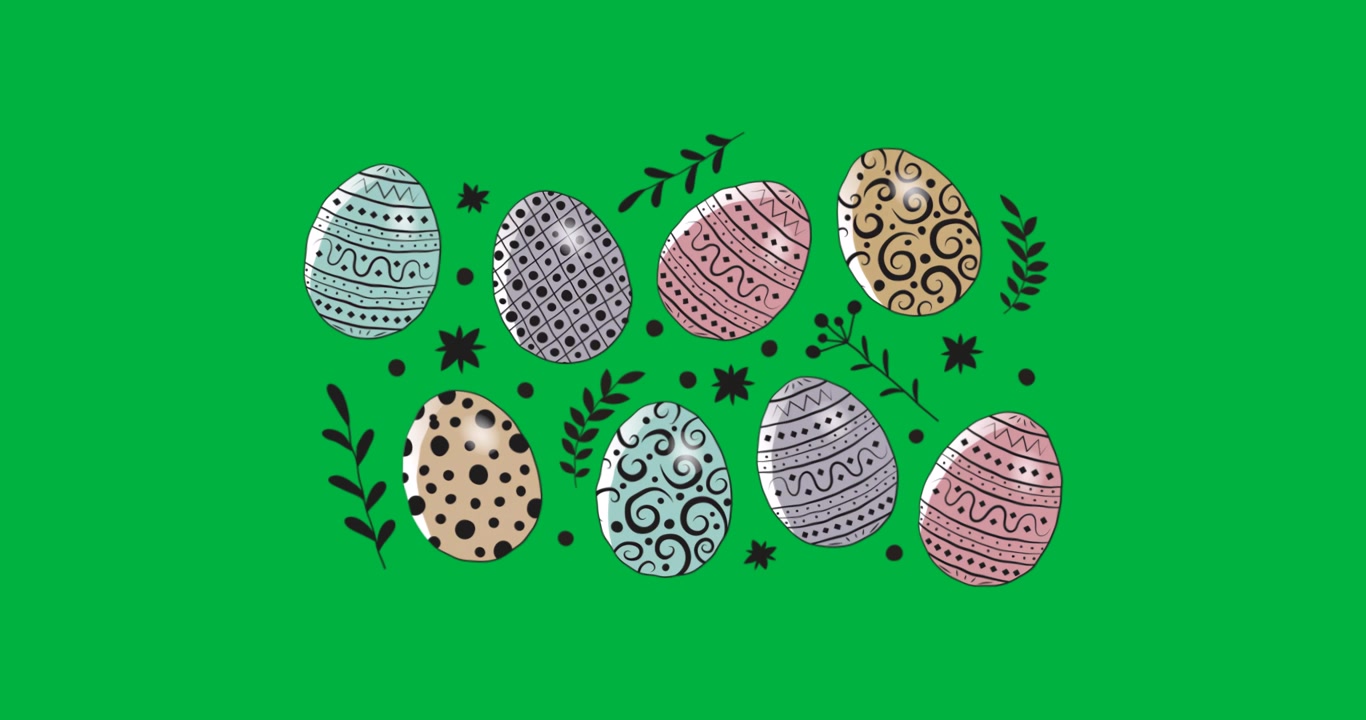 Graphic designers using pastel egg illustrations with botanical doodles on transparent background
