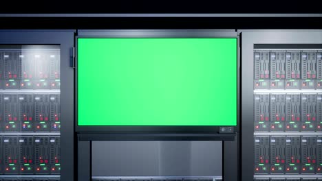 camera zoom to server racks with lcd display with chroma key for system monitoring.