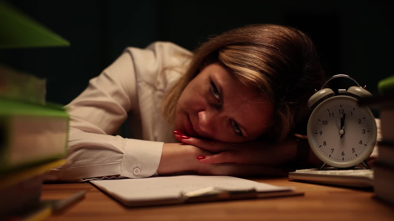 Donna stanca che dorme alla scrivania