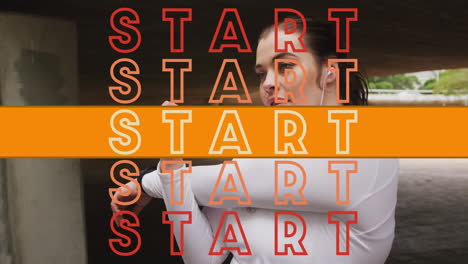 animation of start text in repetition with orange stripe over woman stretching in background