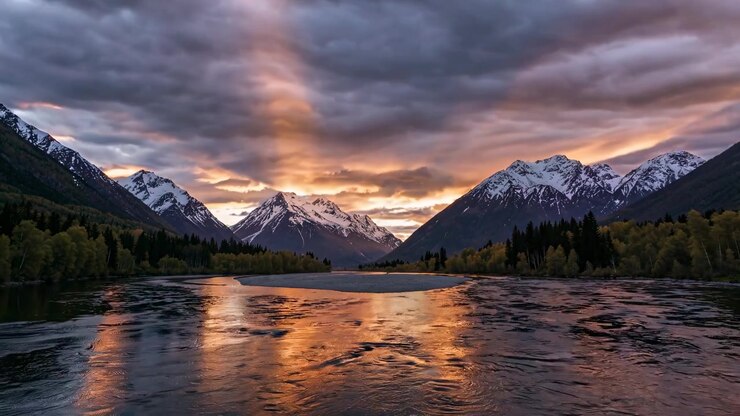 Time-lapse di tramonto drammatico su montagne innevate e fiume