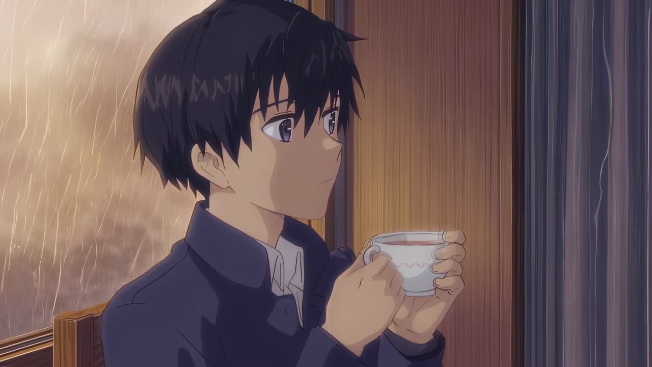 Young man sits inside, holding a warm cup of tea and gazing pensively at the rain outside a window, creating a cozy and introspective atmosphere