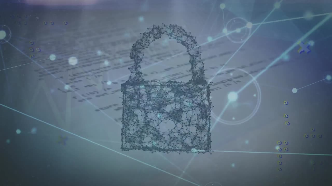 animación del candado, la red de conexiones y el procesamiento de datos sobre fondo negro