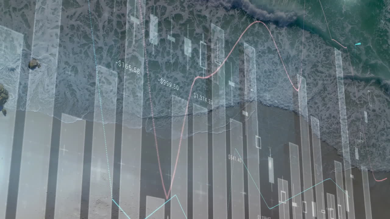 Financial graph animation over ocean waves, illustrating market volatility concept