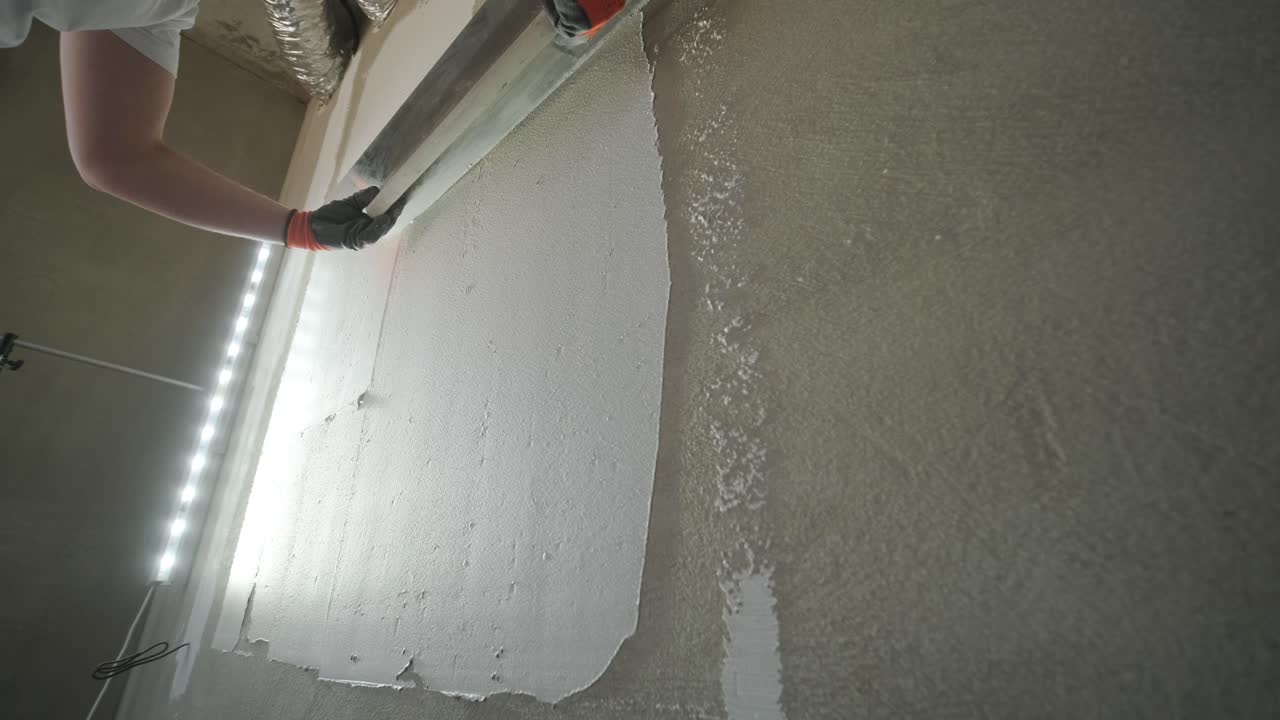 aplicação de gesso a uma parede com uma pá de acabamento, uma tarefa especializada no processo de suavização de paredes para pintura ou papel de parede na construção e renovação
