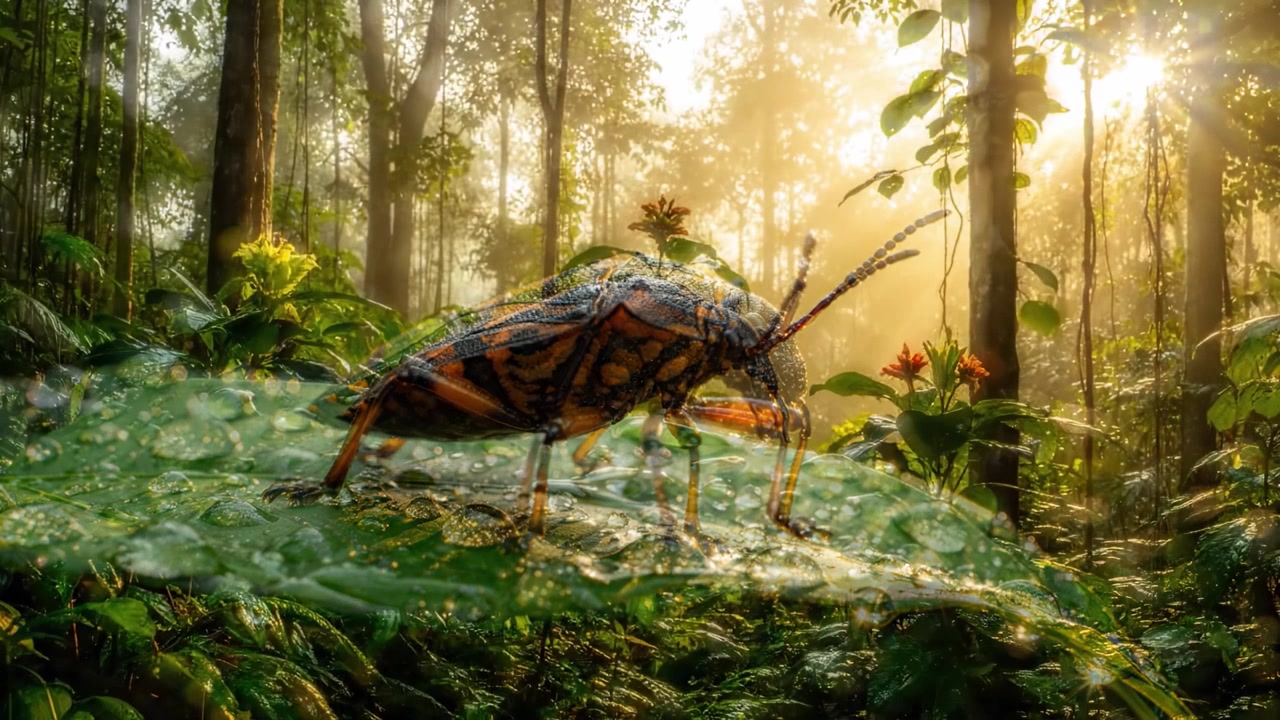 A Colorful Beetle on a Dewy Leaf in a Sunlit Forest: Discover the Beauty of Nature’s Insects Amidst Lush Foliage and Morning Mist