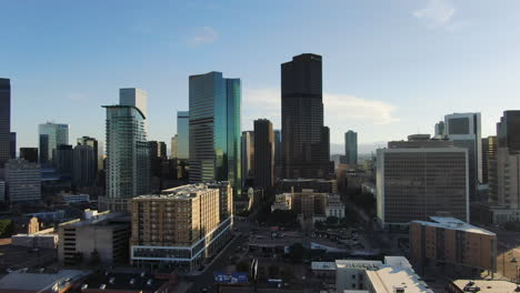 high modern glass buildings in the city center of denver