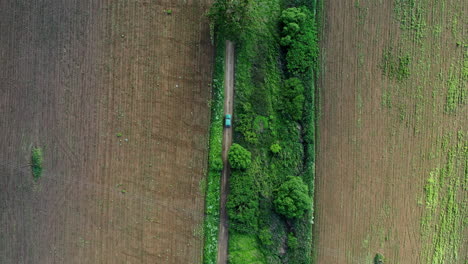 Coche-Conduciendo-Por-Una-Carretera-Estrecha-Entre-Algunos-Campos-Agrícolas