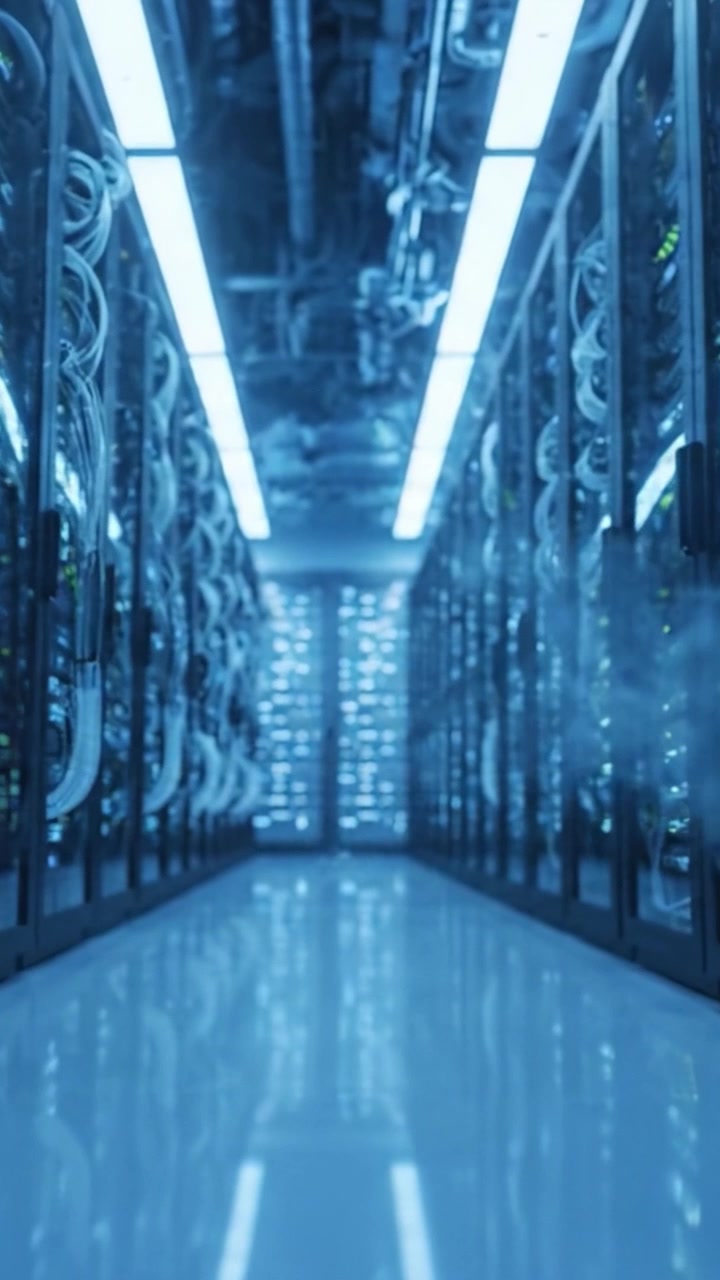 A Glimpse into Modern Data Centers: Illuminated Hallways of Racks and Servers Showcasing the Backbone of Digital Infrastructure and Connectivity