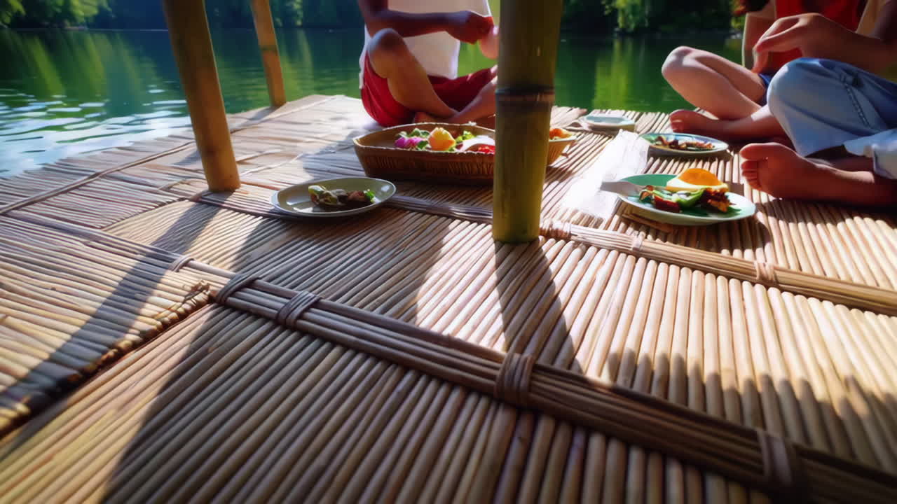 Friends Enjoying a Picnic on a Floating Bamboo Raft