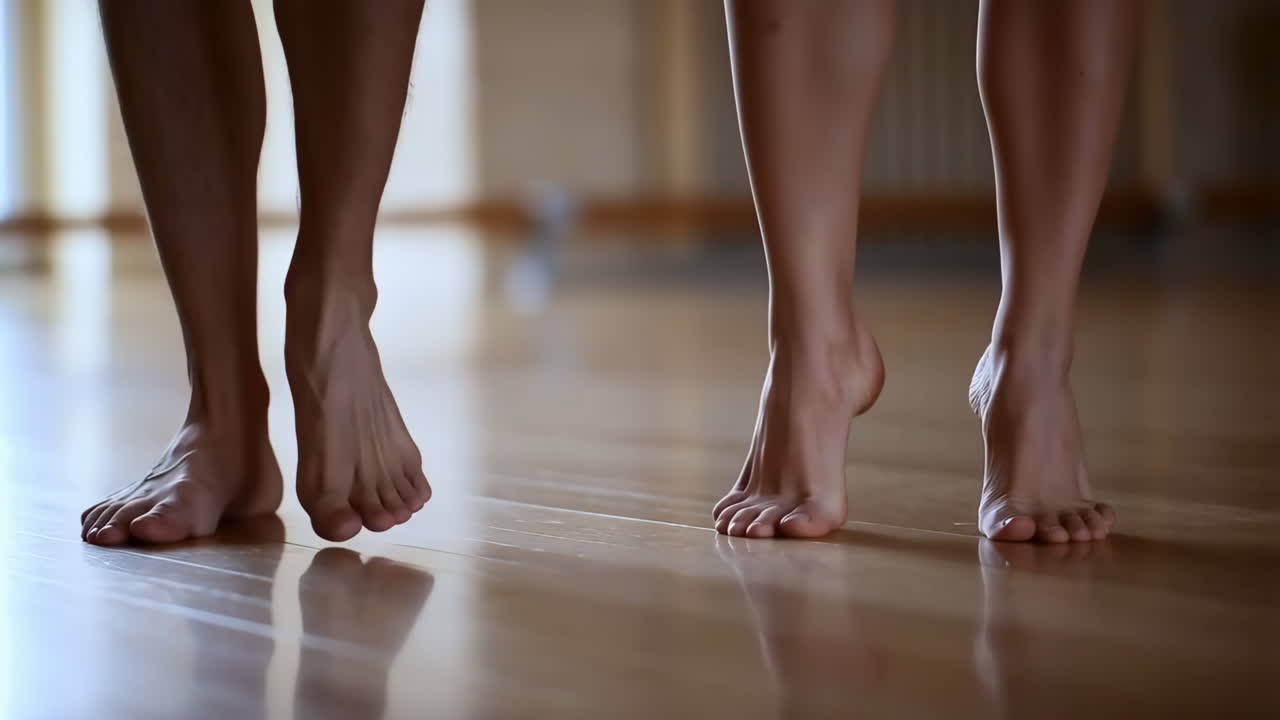 Barefoot Couple's Feet on Wooden Floor